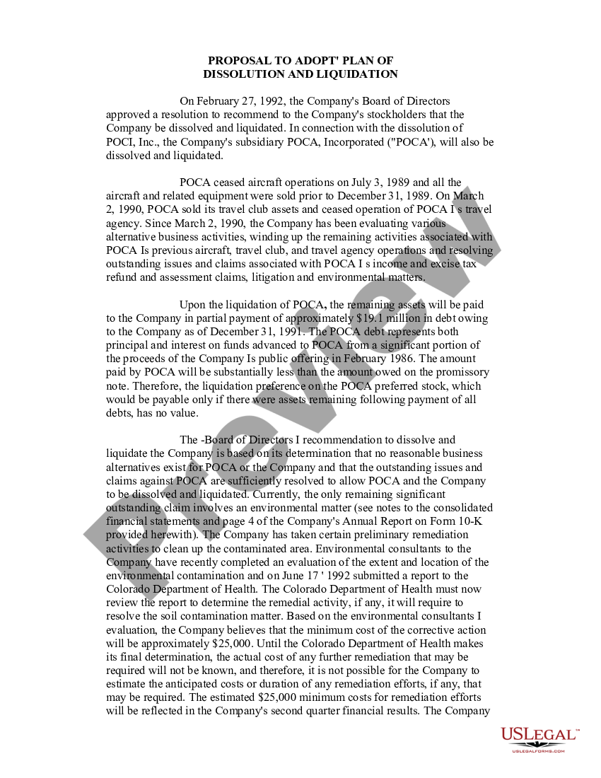 Proposal to adopt plan of dissolution and liquidation US Legal Forms Proposal to adopt plan of dissolution and liquidation US Legal Forms