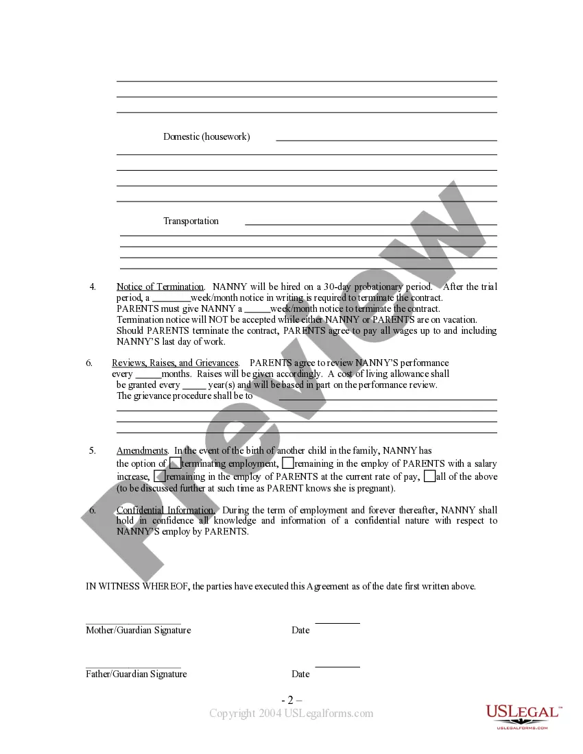 Get In Home Childcare (Nanny) Contract Preview In Home Childcare (Nanny) Contract