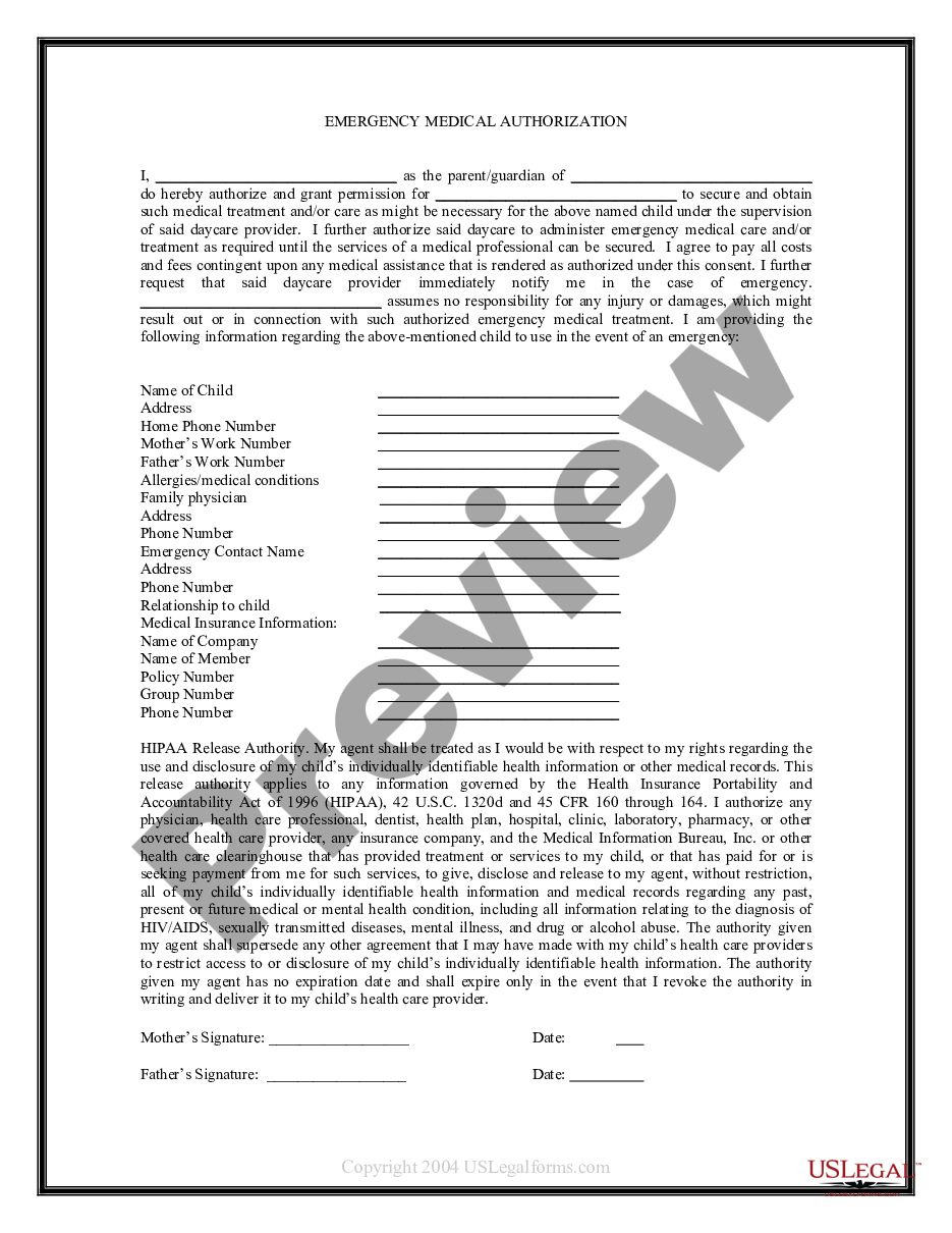 Texas Emergency Medical Authorization Form for Child Medical