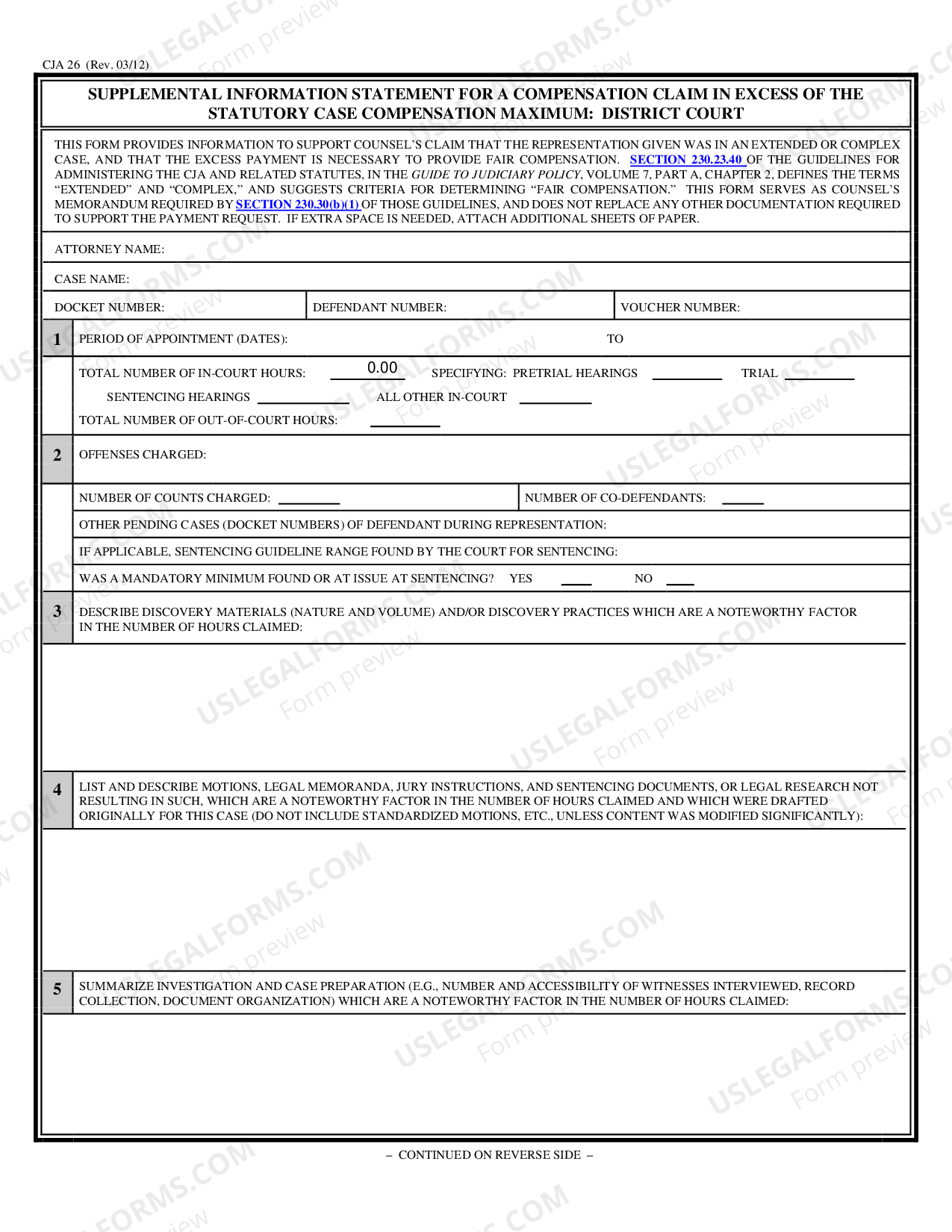 Statement for a Compensation Claim in Excess of the Statutory Case