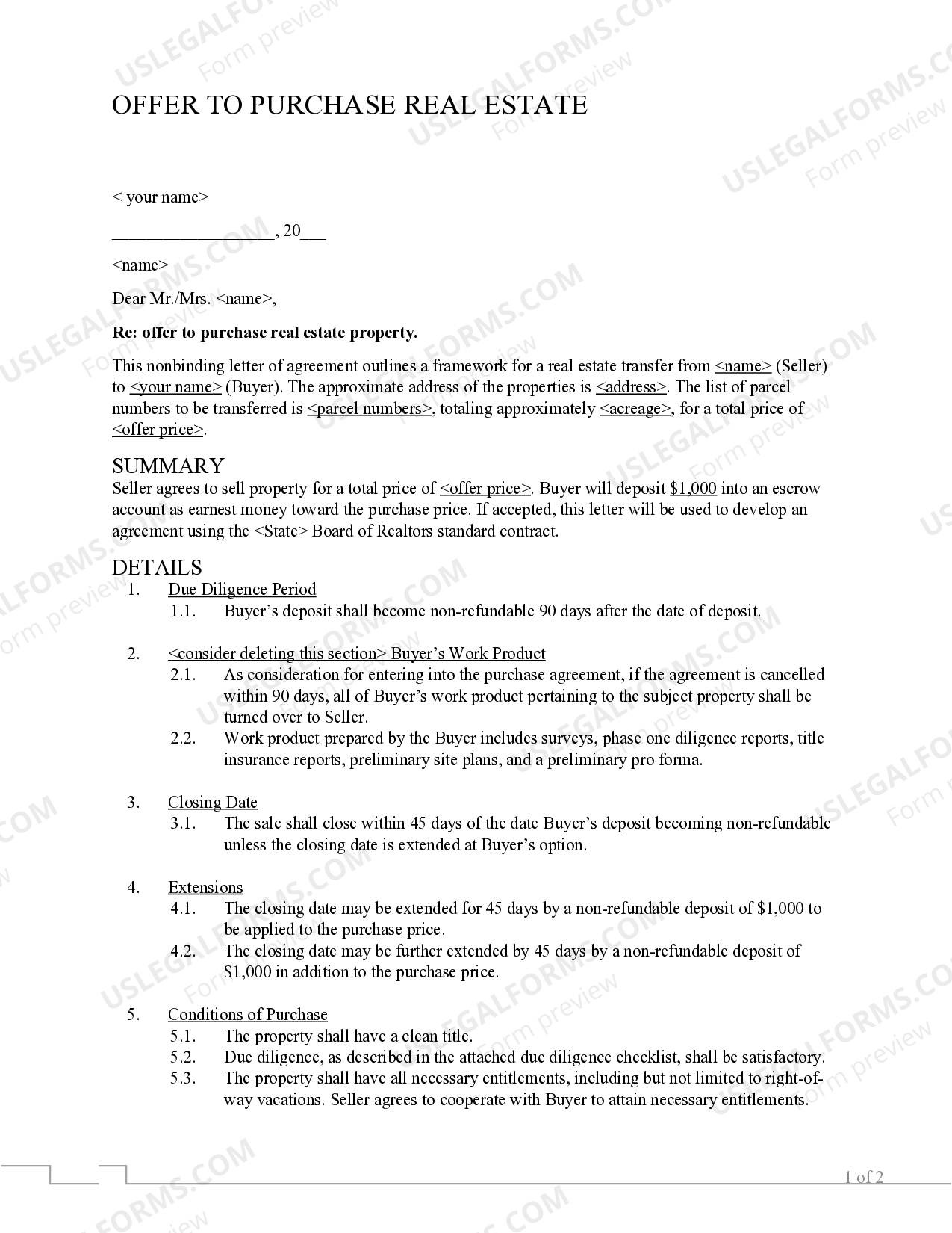 Offer to Purchase Real Estate US Legal Forms