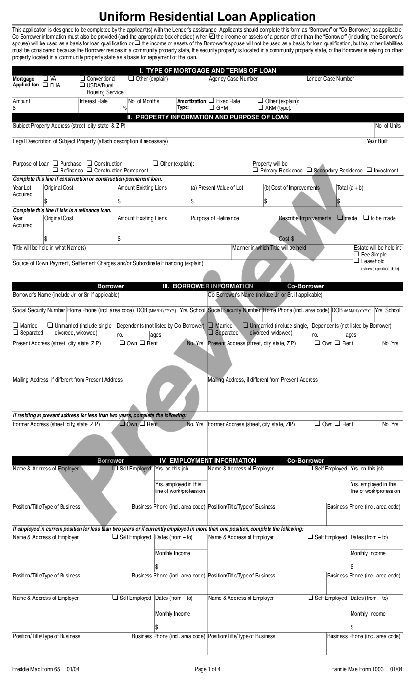 Blank Uniform Residential Loan Application For 1003 US Legal Forms