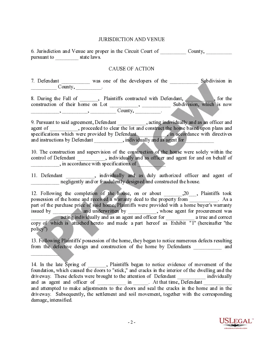 Get Complaint for Defective Home Construction, Defective Design Preview Complaint for Defective Home Construction, Defective Design