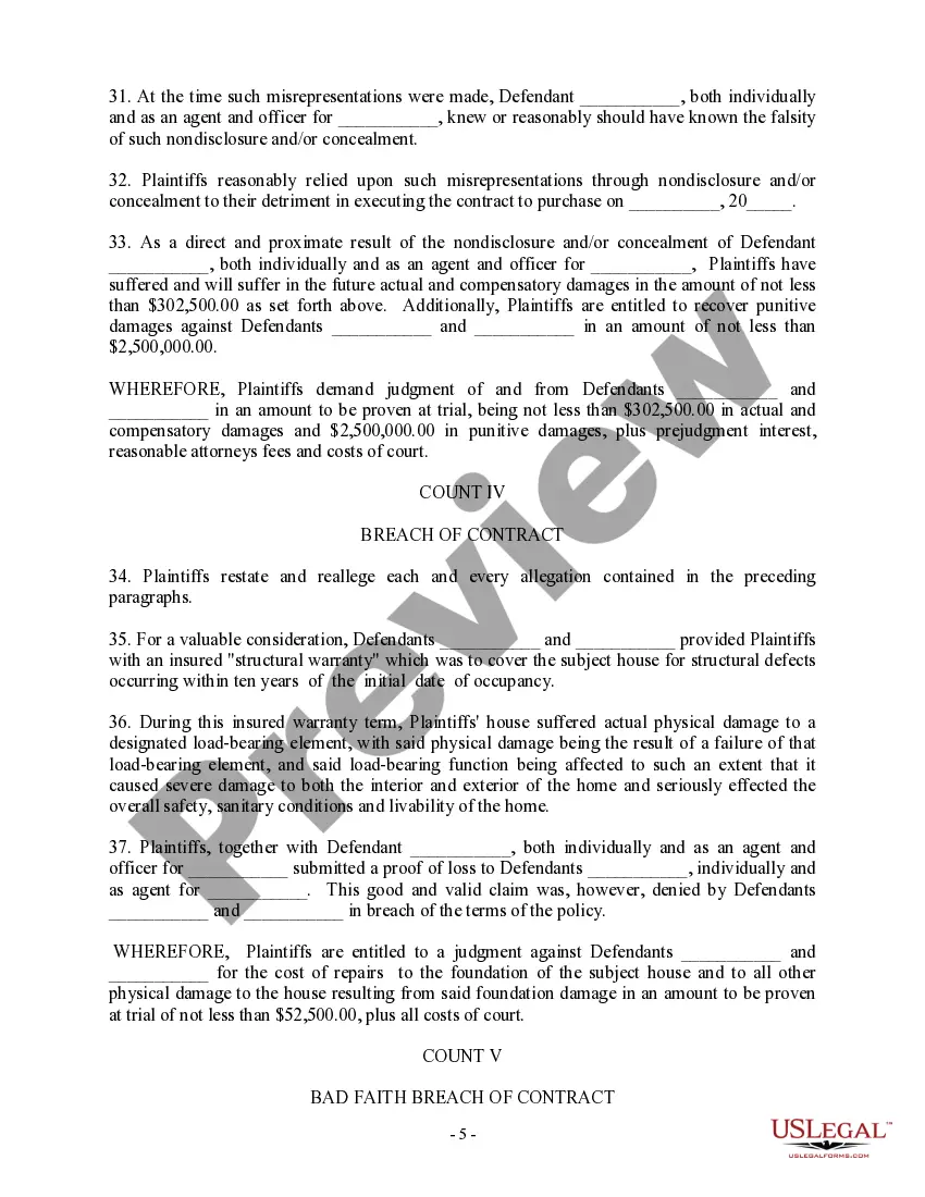 Get Complaint for Defective Home Construction, Defective Design Preview Complaint for Defective Home Construction, Defective Design