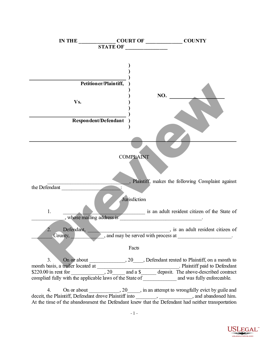 page 0 Sample Complaint for breach of rental agreement preview
