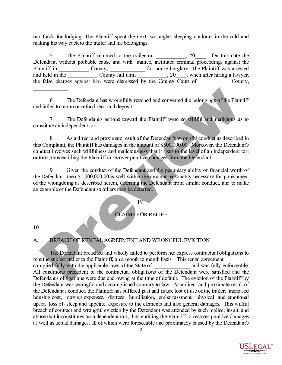 page 1 Sample Complaint for breach of rental agreement preview