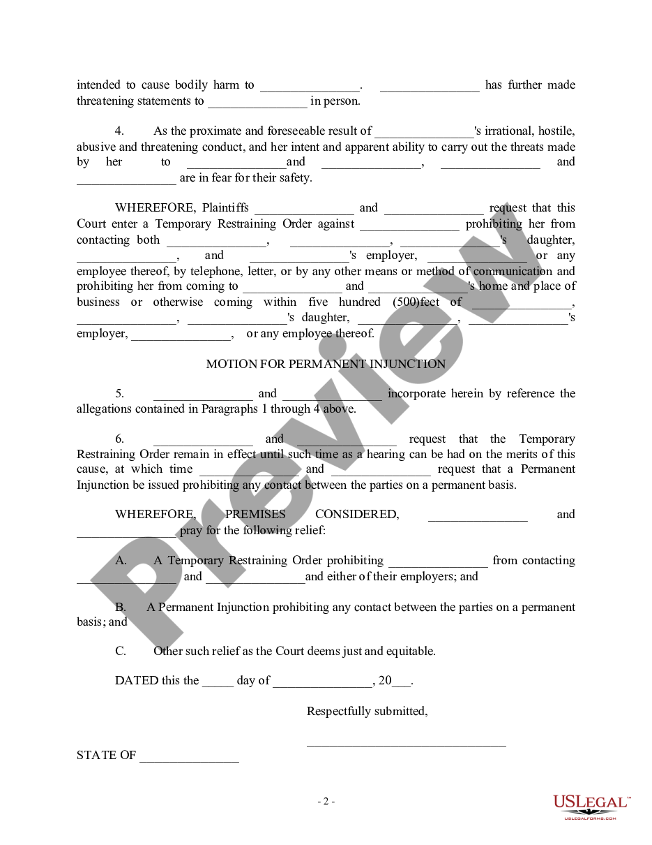 page 1 Petition for Temporary Restraining Order and Permanent Injunction for Personal Harassment preview