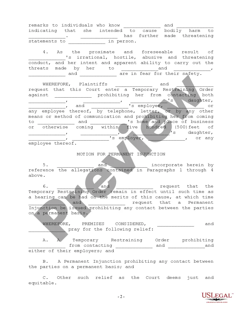 Get Petition for Temporary Restraining Order and Permanent Injunction for Personal Harassment Preview Petition for Temporary Restraining Order and Permanent Injunction for Personal Harassment
