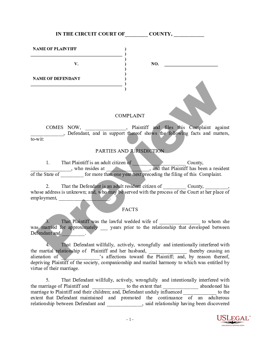 Complaint for Alienation of Affections - Complaint Form Civil Template ...