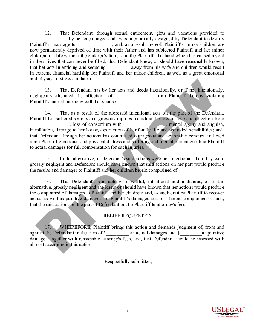 Complaint for Alienation of Affections - Complaint Form Civil Sample ...