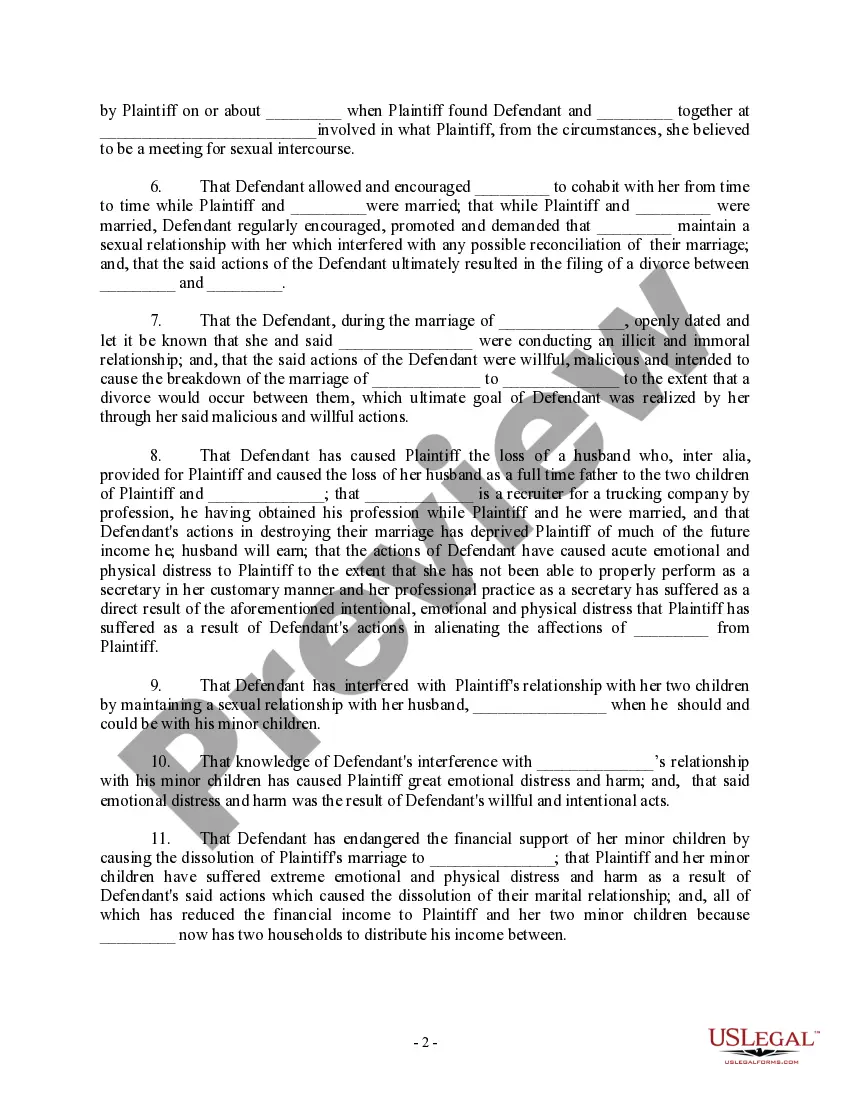Get Complaint for Alienation of Affections Preview Complaint for Alienation of Affections
