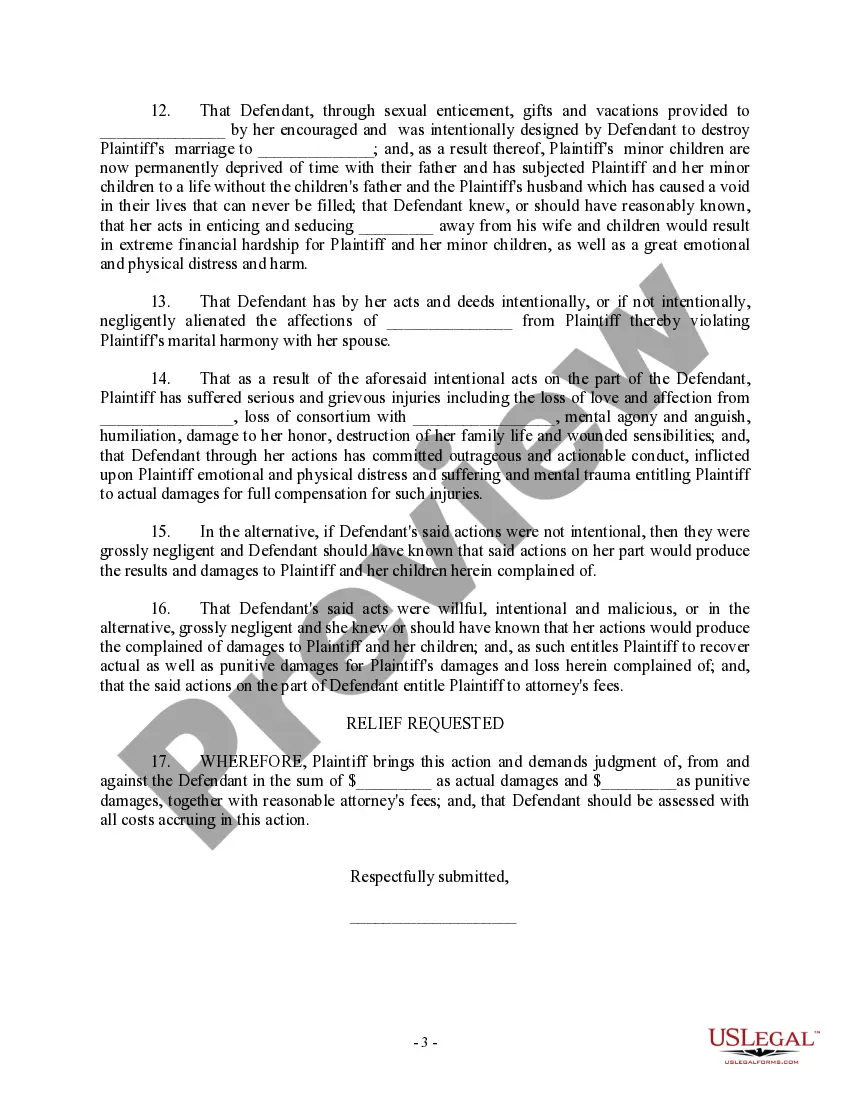 Get Complaint for Alienation of Affections Preview Complaint for Alienation of Affections