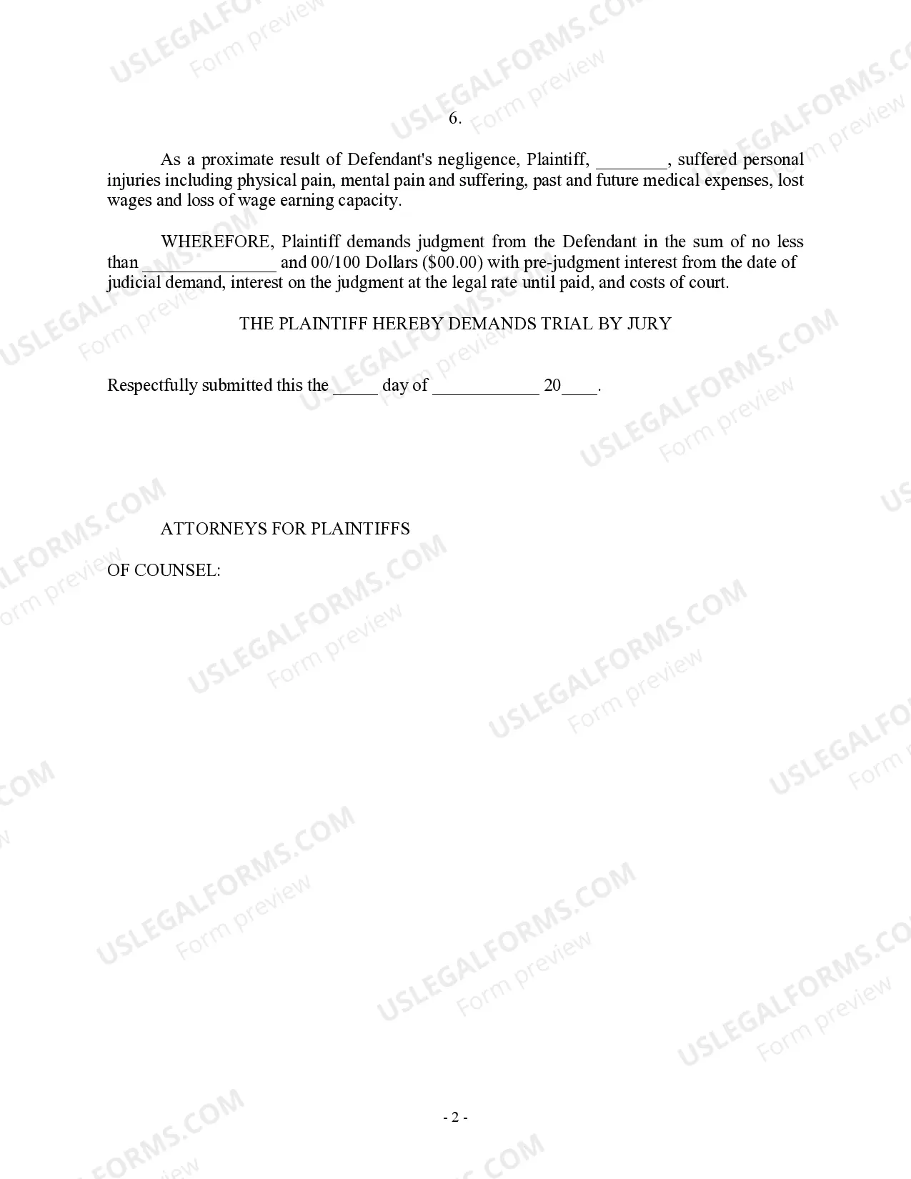 Preview Complaint for Personal Injury - Slip and Fall