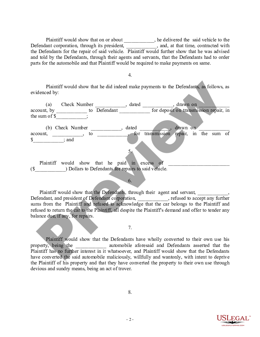 page 1 Complaint regarding Trover and Conversion of Auto by Mechanic preview