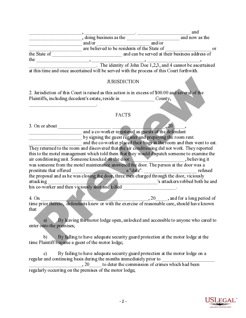 Get Complaint Against Hotel for Failure to Protect Patrons - Death Claim Preview Complaint Against Hotel for Failure to Protect Patrons - Death Claim