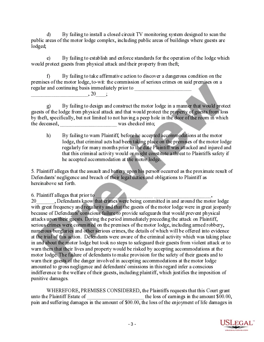 Get Complaint Against Hotel for Failure to Protect Patrons - Death Claim Preview Complaint Against Hotel for Failure to Protect Patrons - Death Claim