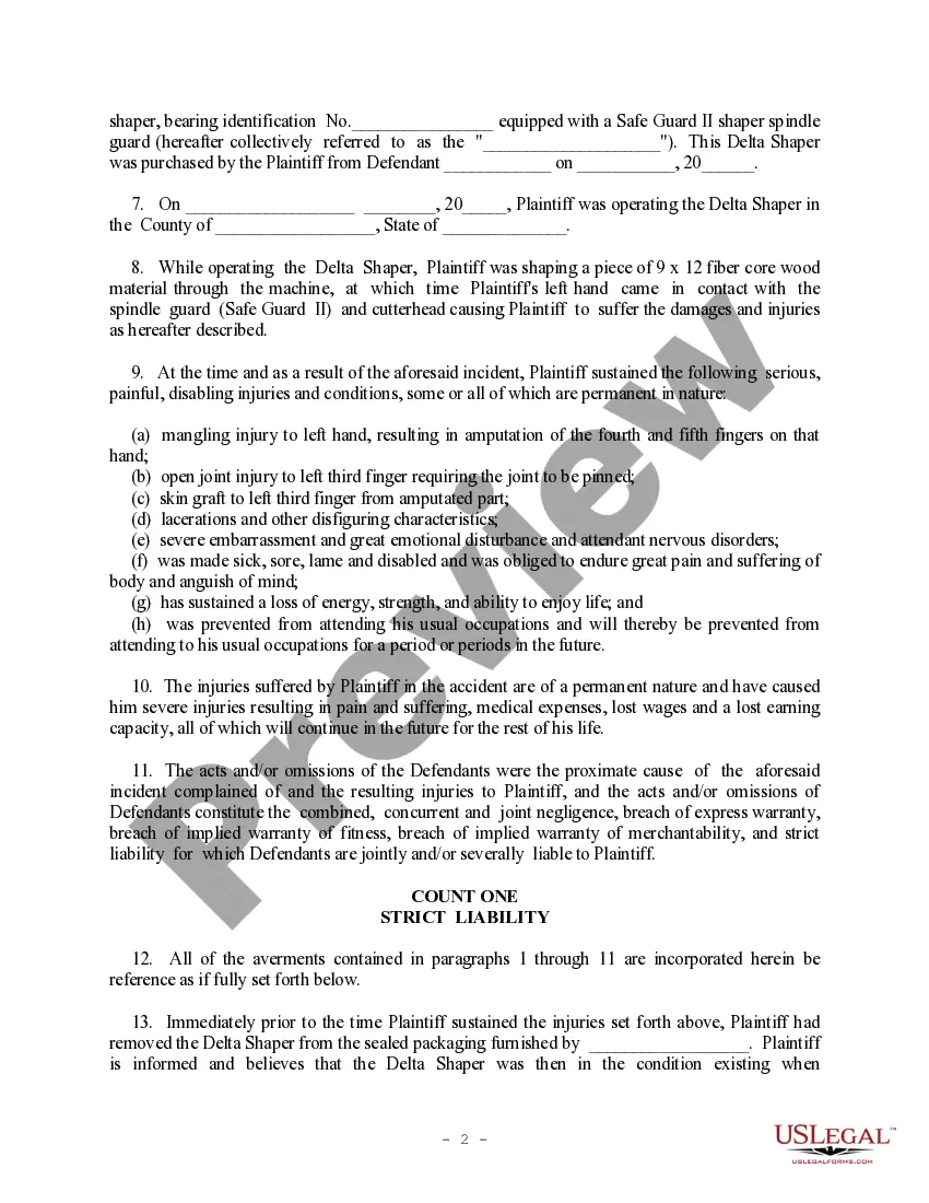 Get Complaint regarding Strict Product Liability - Breach of Expressed Warranty, Implied Warranty, Merchantability, Negligence, Punitive Damages - Delta Wood Preview Complaint regarding Strict Product Liability - Breach of Expressed Warranty, Implied Warranty, Merchantability, Negligence, Punitive Damages - Delta Wood