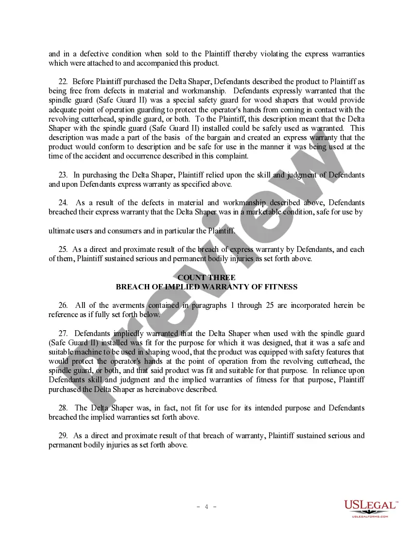 Get Complaint regarding Strict Product Liability - Breach of Expressed Warranty, Implied Warranty, Merchantability, Negligence, Punitive Damages - Delta Wood Preview Complaint regarding Strict Product Liability - Breach of Expressed Warranty, Implied Warranty, Merchantability, Negligence, Punitive Damages - Delta Wood