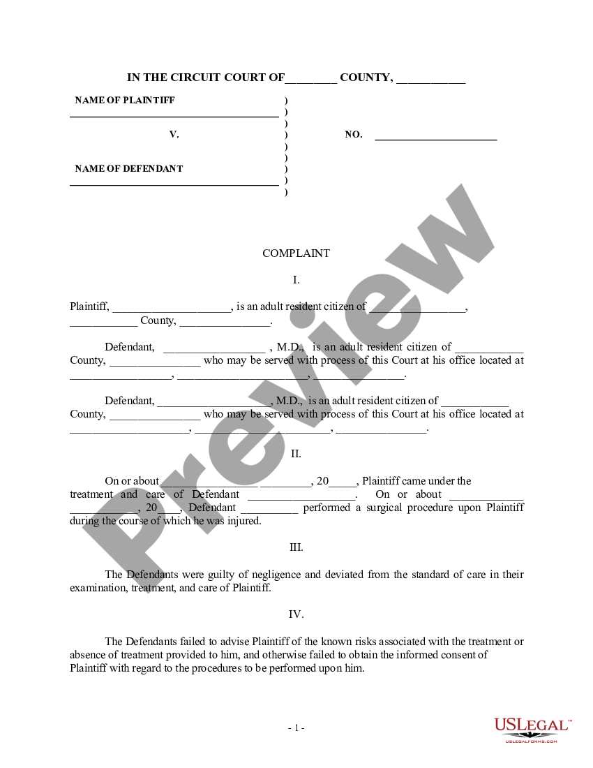 Complaint For Medical Malpractice Regarding Surgical Procedure ...