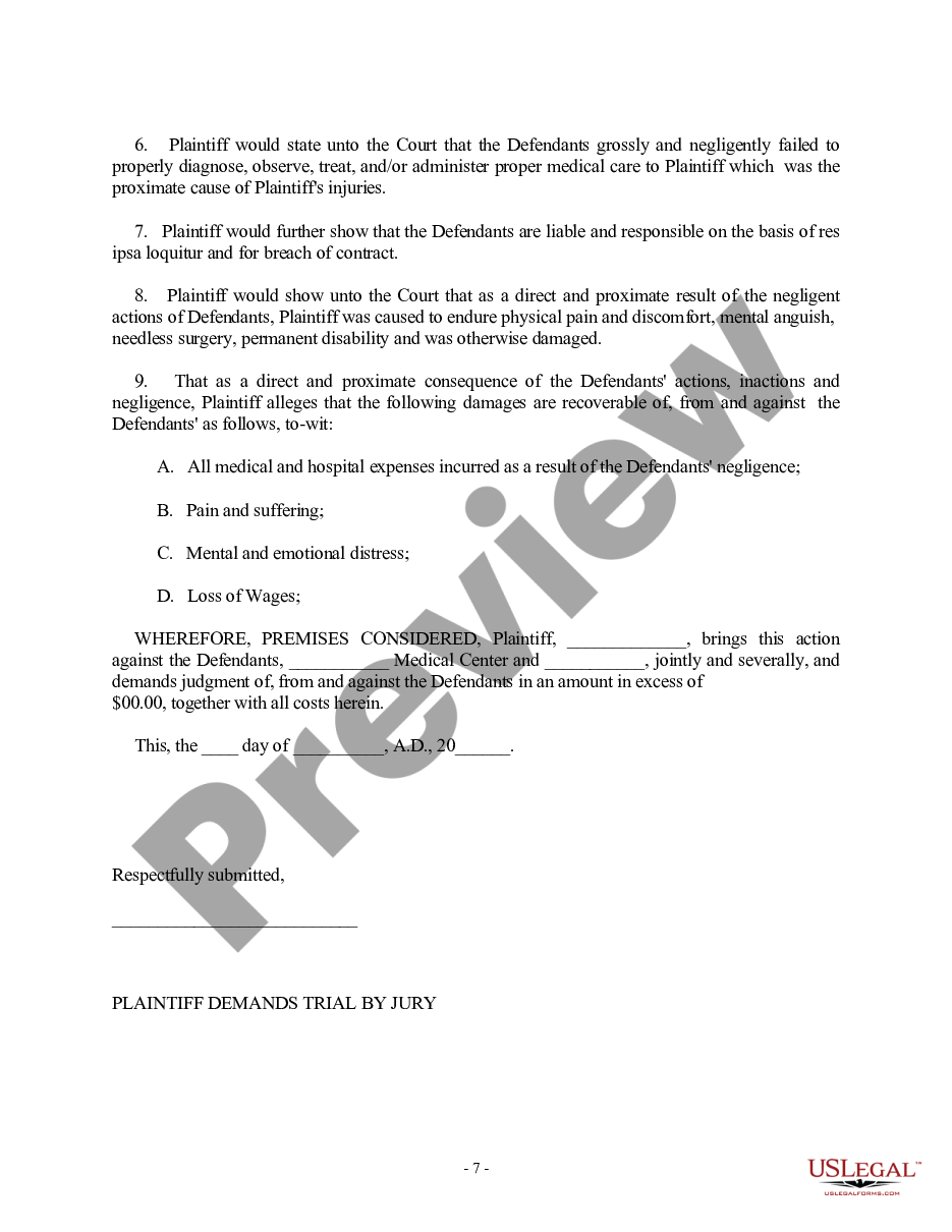 page 6 Complaint for Medical Malpractice regarding Surgical Procedure preview