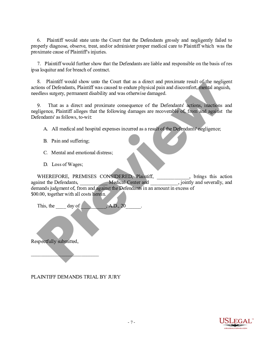 Complaint for Medical Malpractice regarding Surgical Procedure | US ...