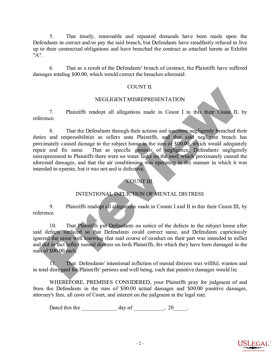 page 1 Complaint for Breach of Contract, Emotional distress, Misrepresentation of House Condition preview