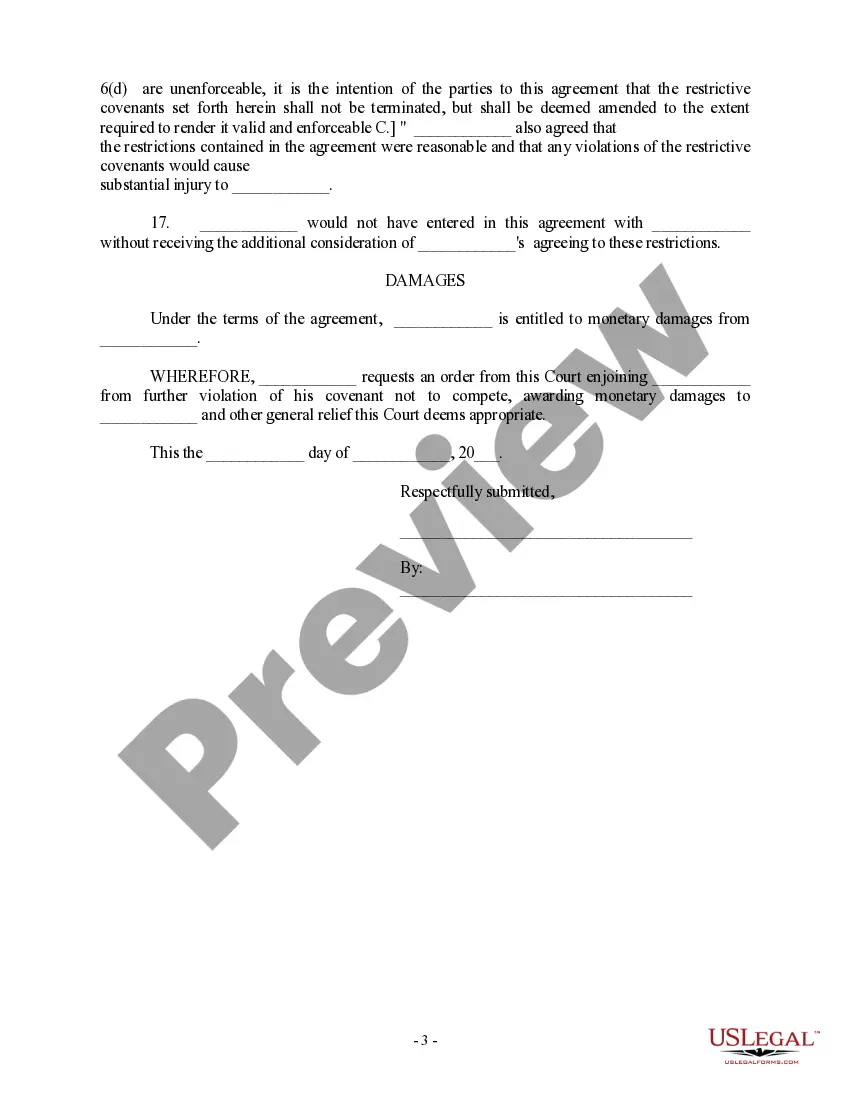 Get Complaint for Injunction - Covenant not to compete Preview Complaint for Injunction - Covenant not to compete
