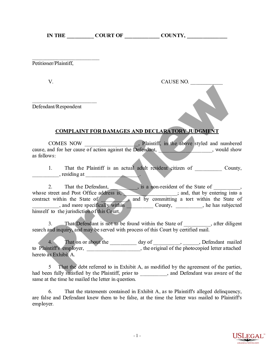 page 0 Complaint for Damages and Declaratory Judgment - Publication of false statements preview