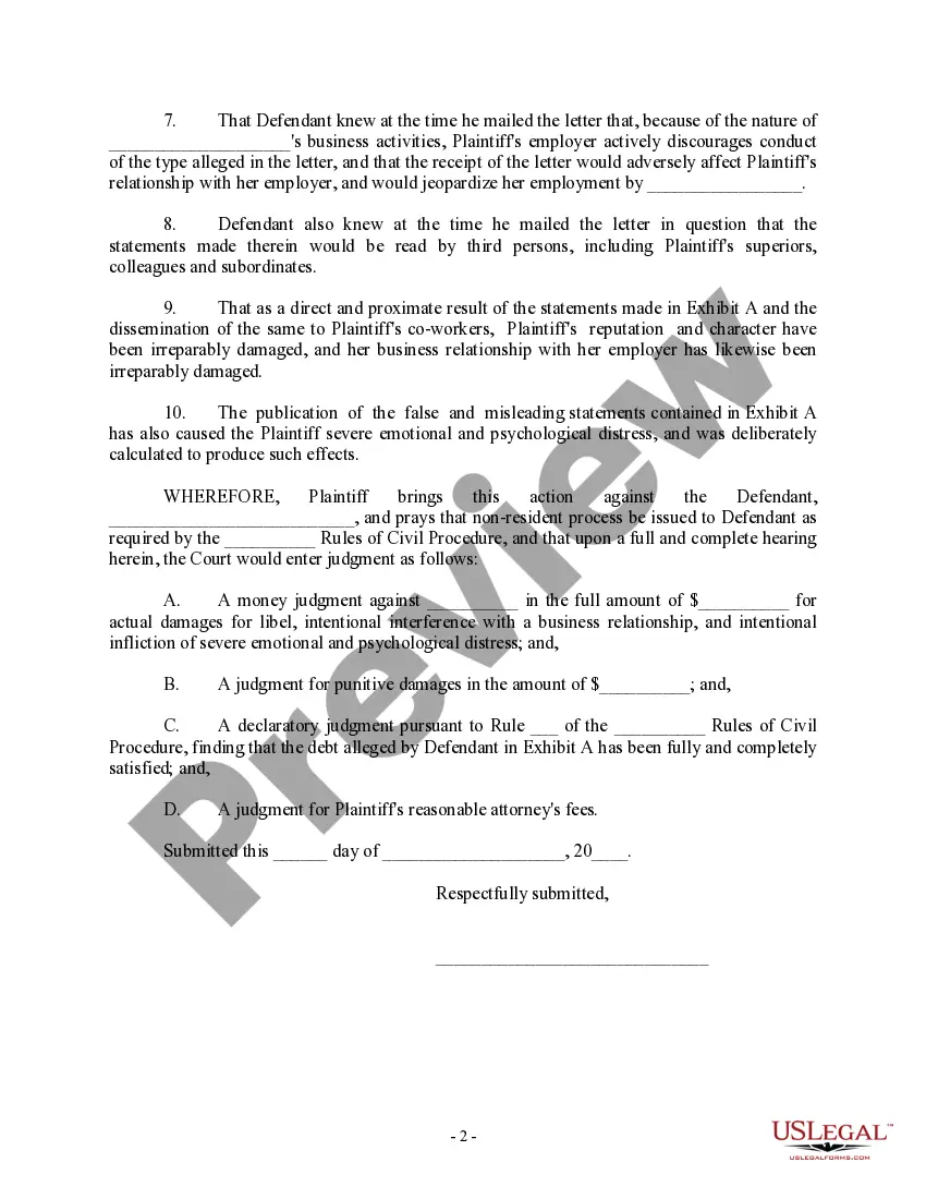 Get Complaint for Damages and Declaratory Judgment - Publication of false statements Preview Complaint for Damages and Declaratory Judgment - Publication of false statements