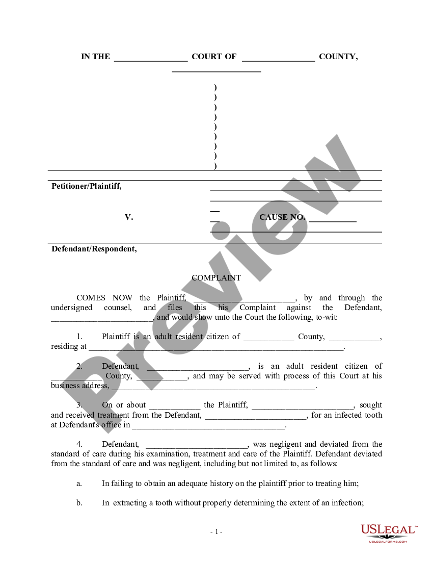 Complaint Regarding Dentist Malpractice Dentist Malpractice Us Legal Forms 9788