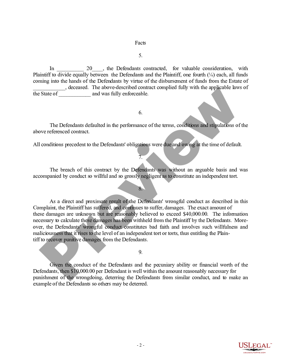 page 1 Complaint regarding Breach of Contract to Divide Estate Proceeds, Implied Contract, Good Faith and Fair Dealing, Promissory Estoppel, Emotional Distress preview