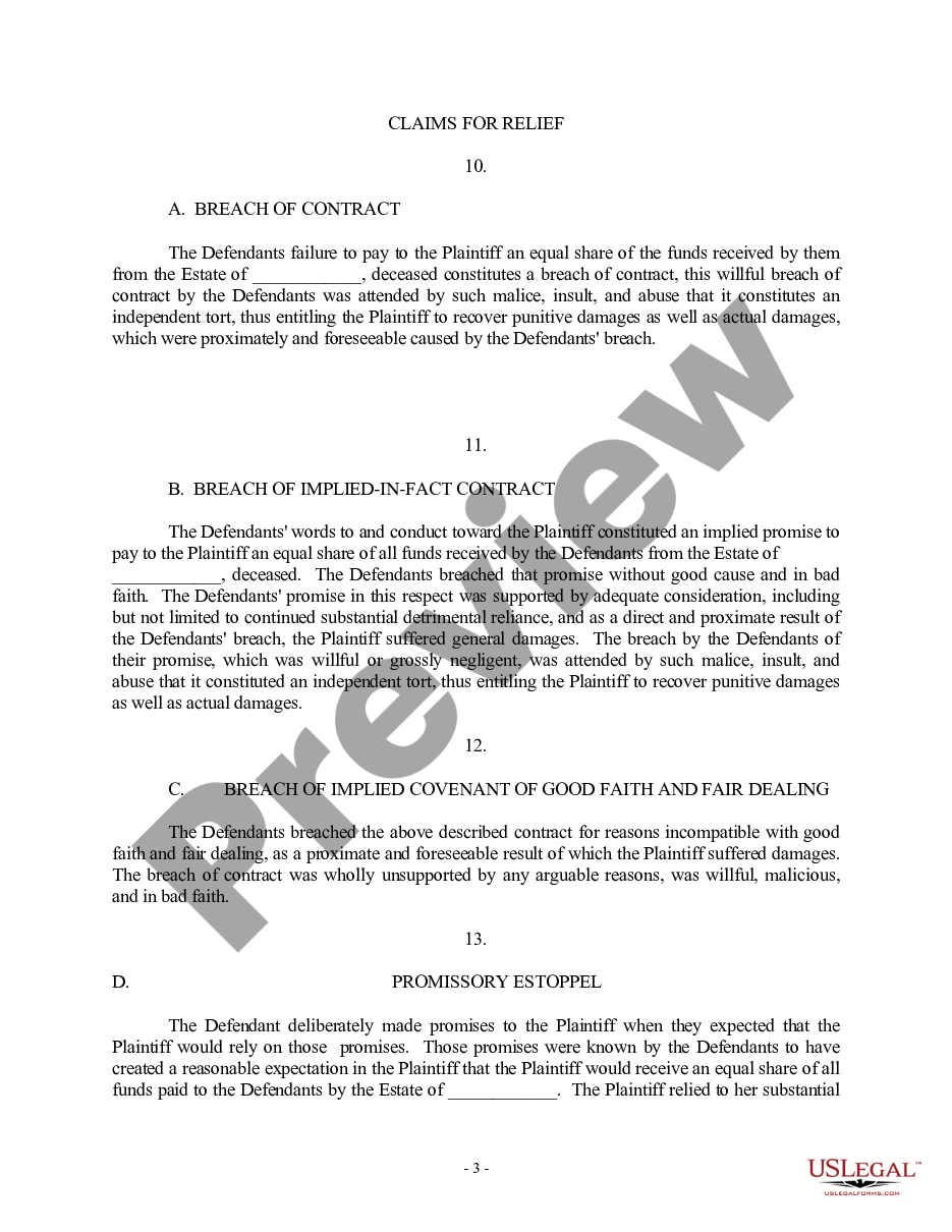page 2 Complaint regarding Breach of Contract to Divide Estate Proceeds, Implied Contract, Good Faith and Fair Dealing, Promissory Estoppel, Emotional Distress preview