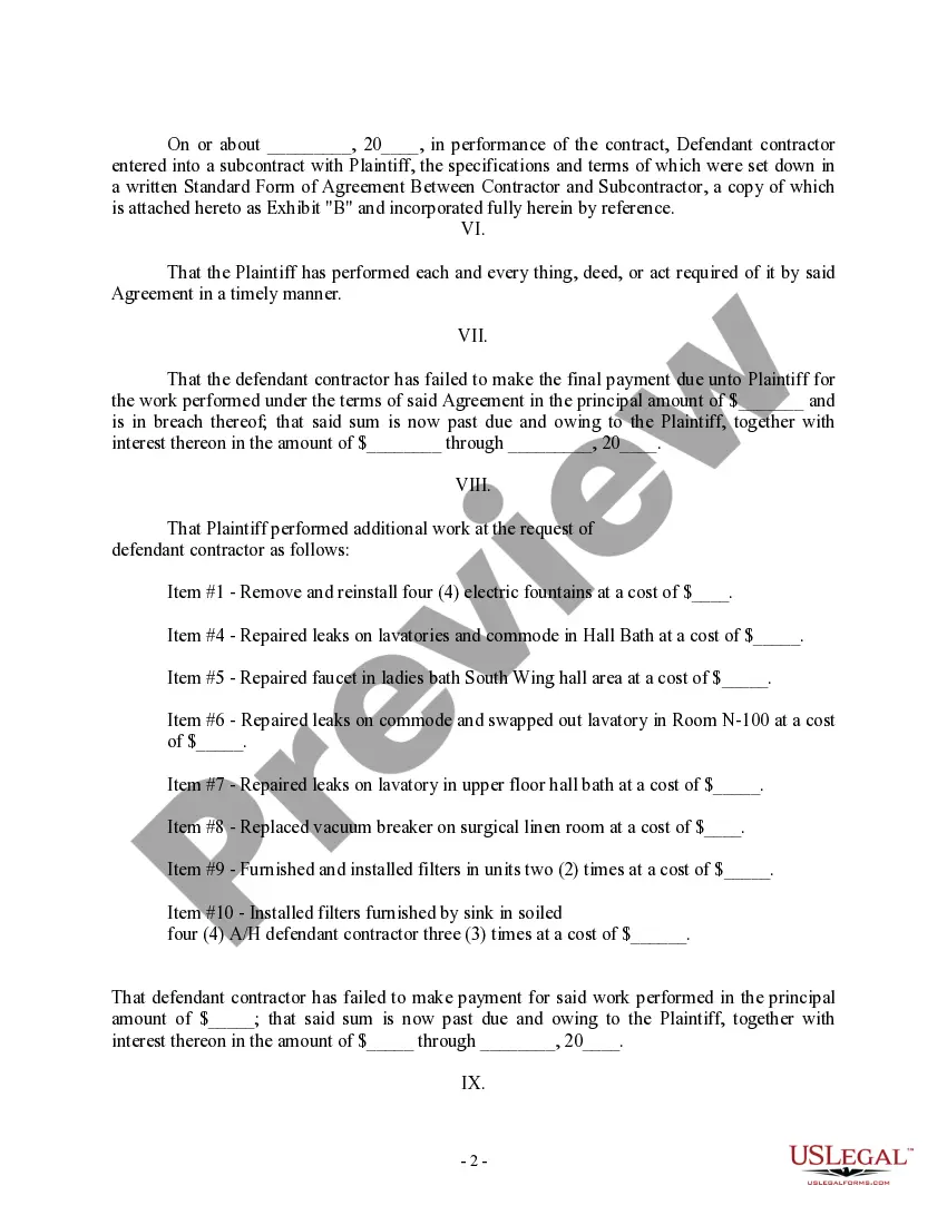 Get Complaint regarding Subcontractor against contractor and surety Preview Complaint regarding Subcontractor against contractor and surety