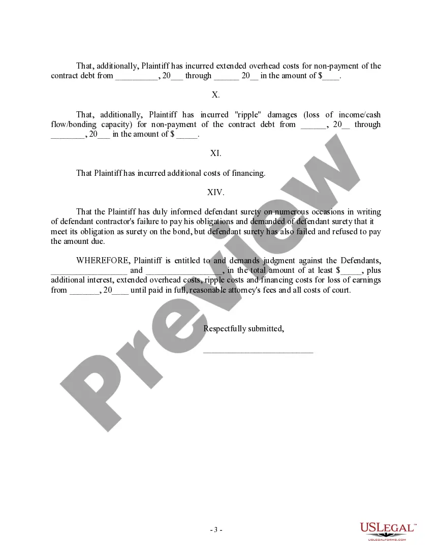 Get Complaint regarding Subcontractor against contractor and surety Preview Complaint regarding Subcontractor against contractor and surety