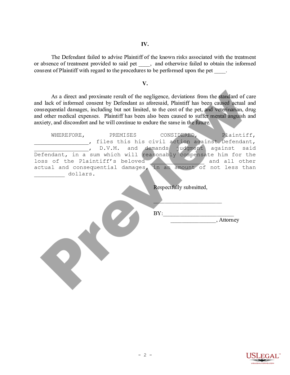 page 1 Complaint regarding Veterinarian Malpractice for Surgical Procedure preview