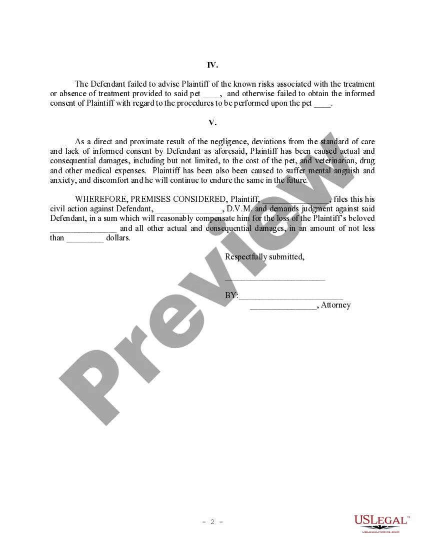 Get Complaint regarding Veterinarian Malpractice for Surgical Procedure Preview Complaint regarding Veterinarian Malpractice for Surgical Procedure