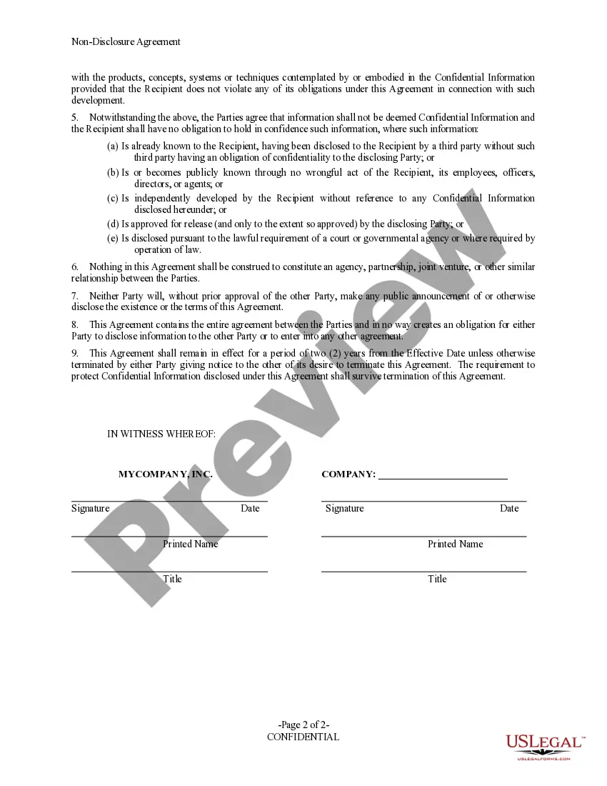 Preview Mutual Non-Disclosure Agreement between Companies