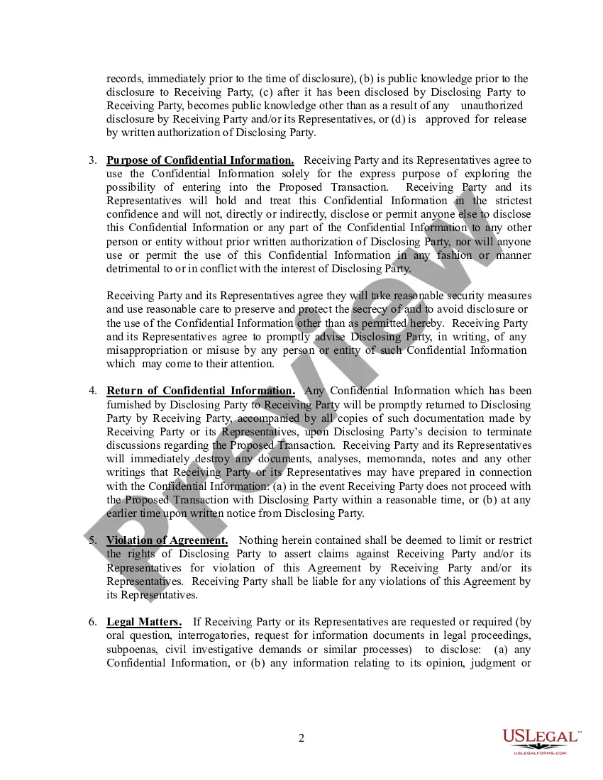 Preview Confidentiality Agreement