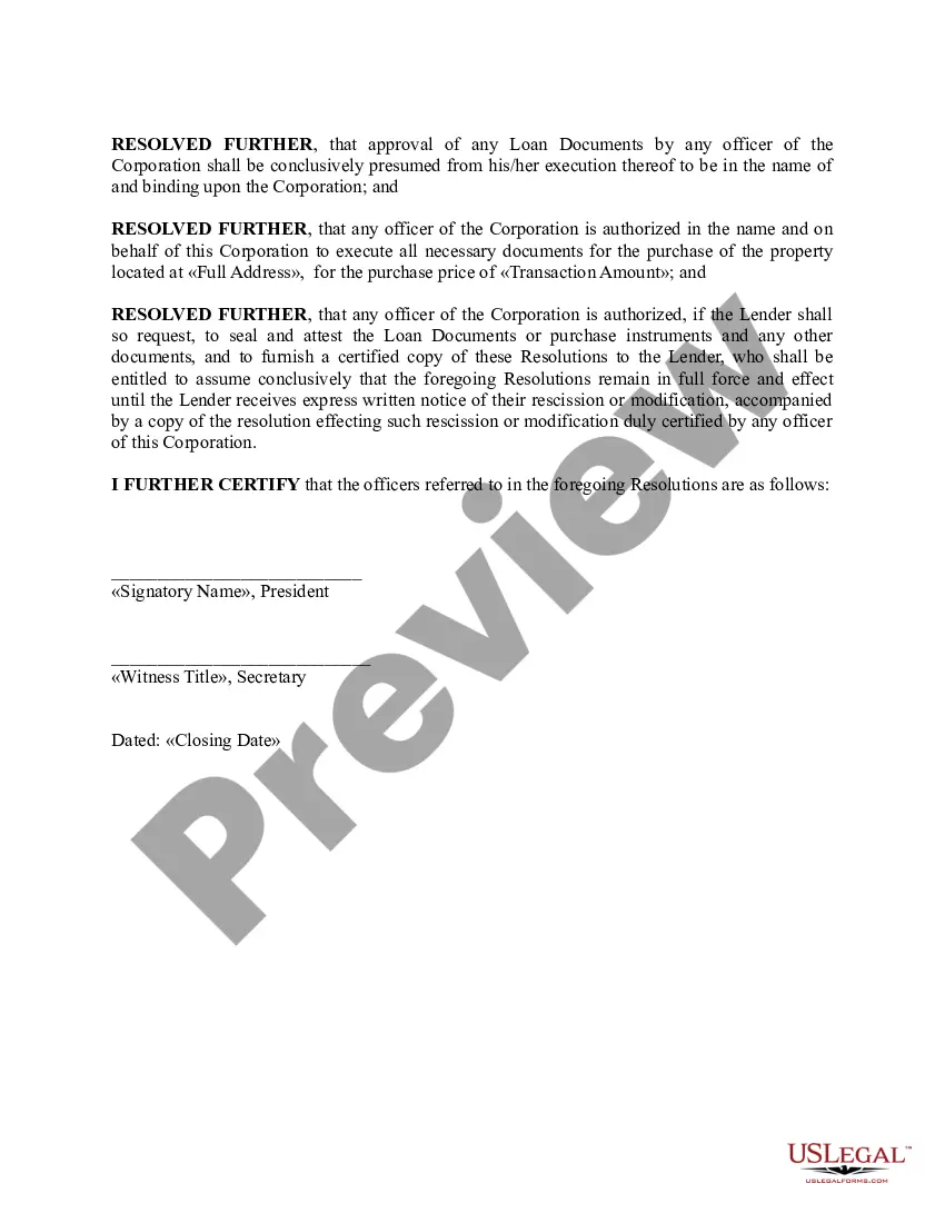 Get Resolutions and Minutes of Board of Directors - Mortgage and Purchase Clause Preview Resolutions and Minutes of Board of Directors - Mortgage and Purchase Clause