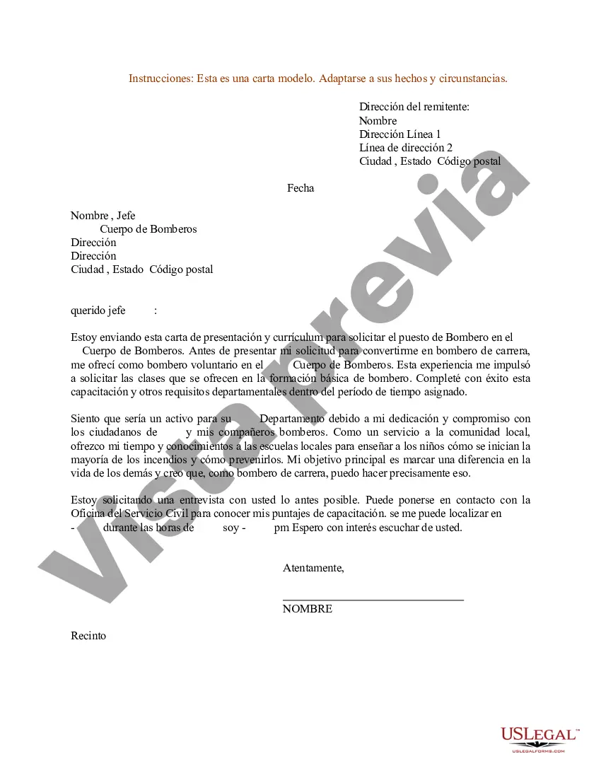 Preview Carta de presentación de currículum para bombero