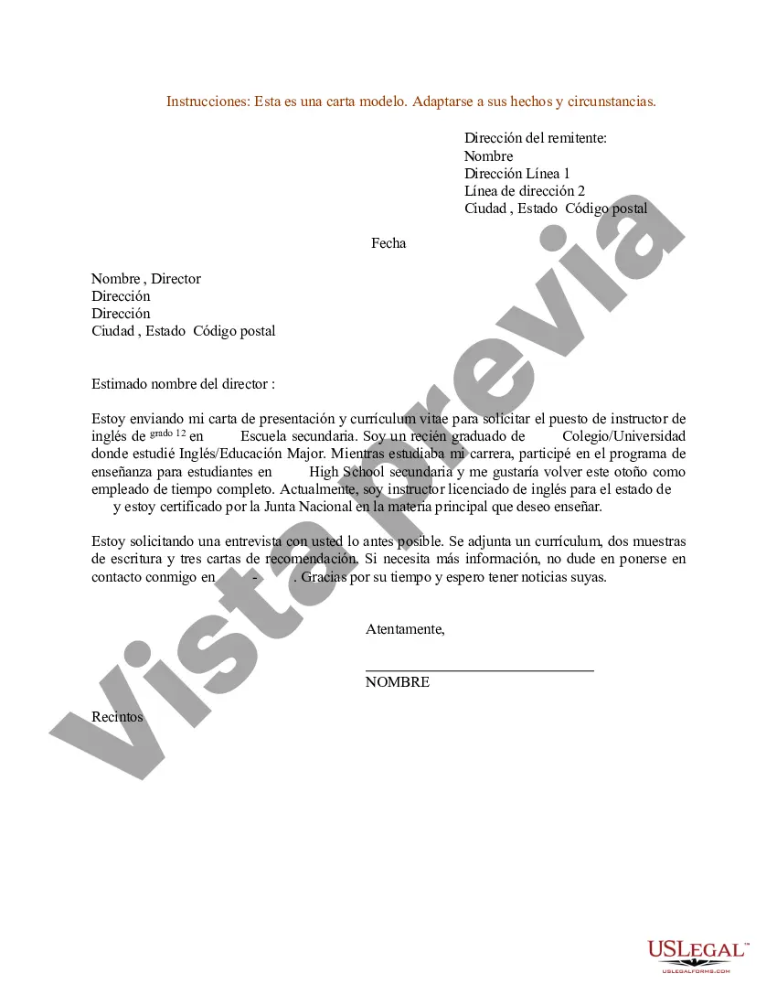 Preview Carta de presentación de currículum para profesor de inglés