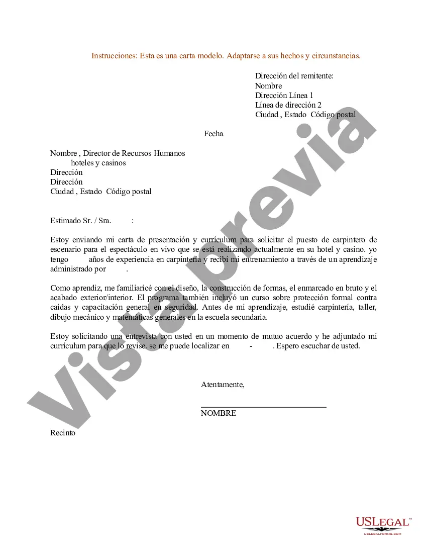 Preview Carta de presentación de currículum para carpintero de escenario