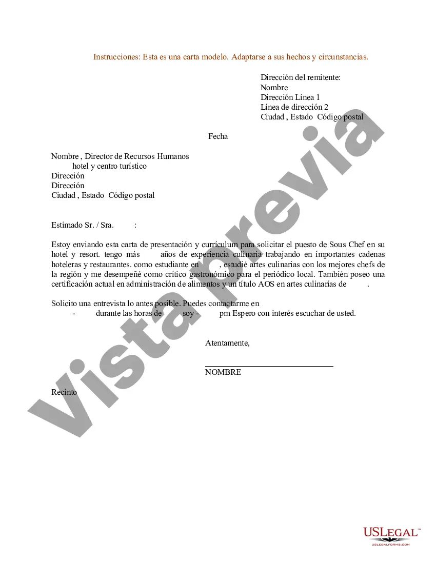 Preview Carta de presentación de currículum para chef