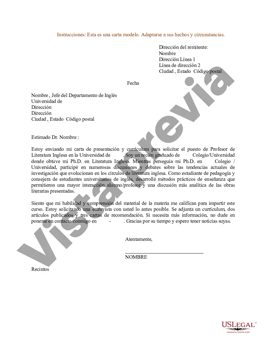 Preview Carta de presentación de currículum para profesor de un departamento