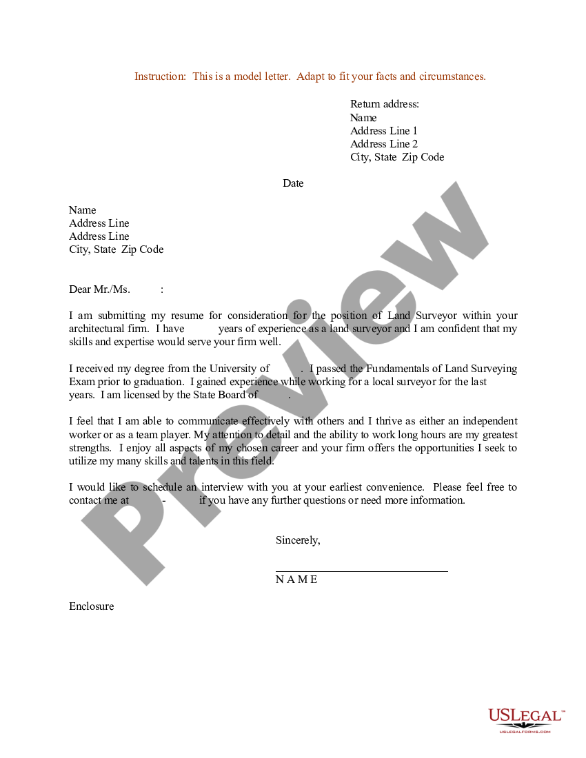 Utah Resume Cover Letter for Land Surveyor | US Legal Forms