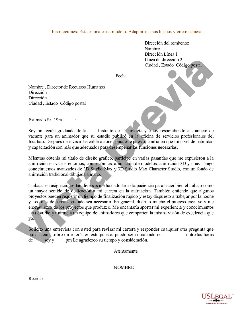 Preview Carta de presentación de currículum para animador