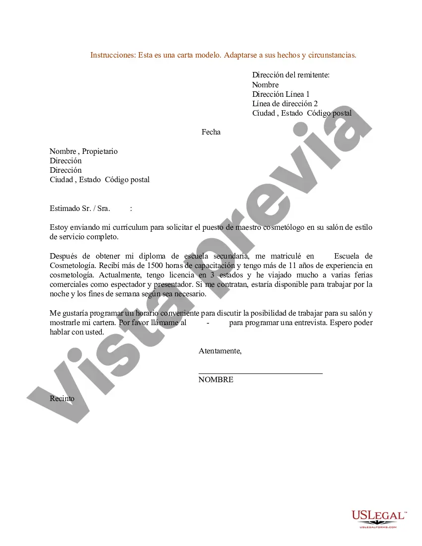 Preview Carta de presentación de currículum para maestro cosmetólogo