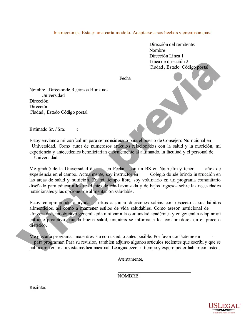 Preview Carta de presentación de currículum para consejero nutricional