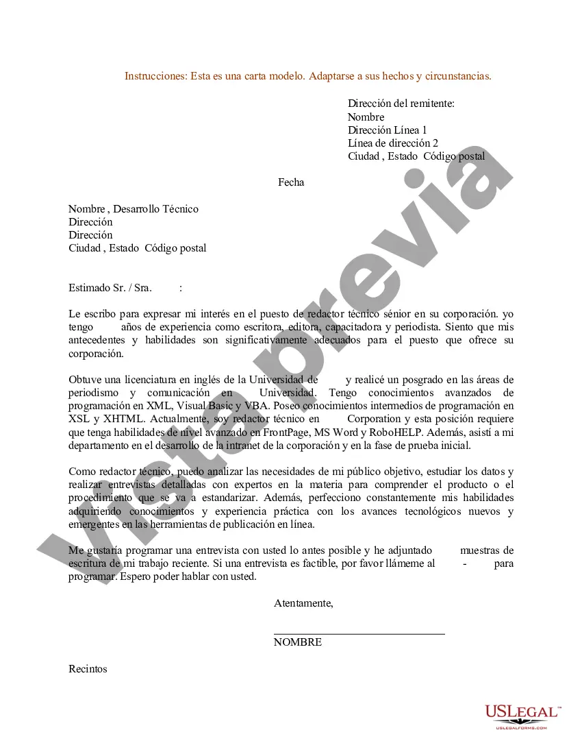 Preview Carta de presentación de currículum para escritor técnico
