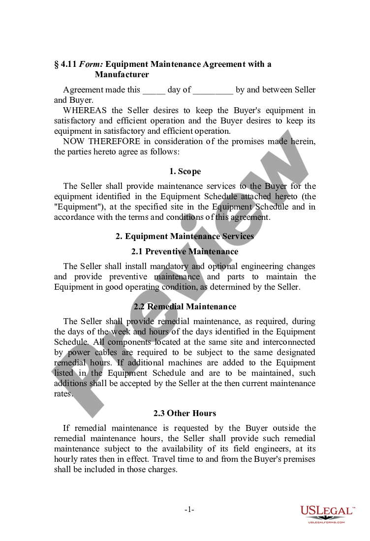 page 0 Equipment Maintenance Agreement with a Manufacturer preview